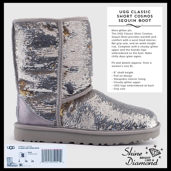 UGG Classic Short Cosmo Sequin Silver & Gold Boots - Picture 12 of 13